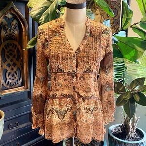BKE floral chiffon pleated button peasant top